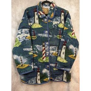 NWOT VTG 90s Blair Womens XL Tapestry Jacket Blue Lighthouse Nautical Anchor